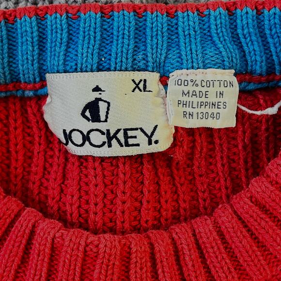 VTG 80s Jockey Shaker Knit Pullover Sweater Mens Tag Reads XL Runs Small Red/Blu - Picture 3 of 3